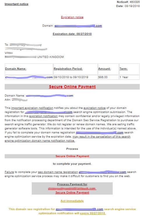 Screenshot of domain renewal scam email