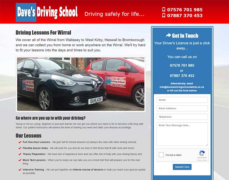 Screenshot of the Dave's Driving School Website