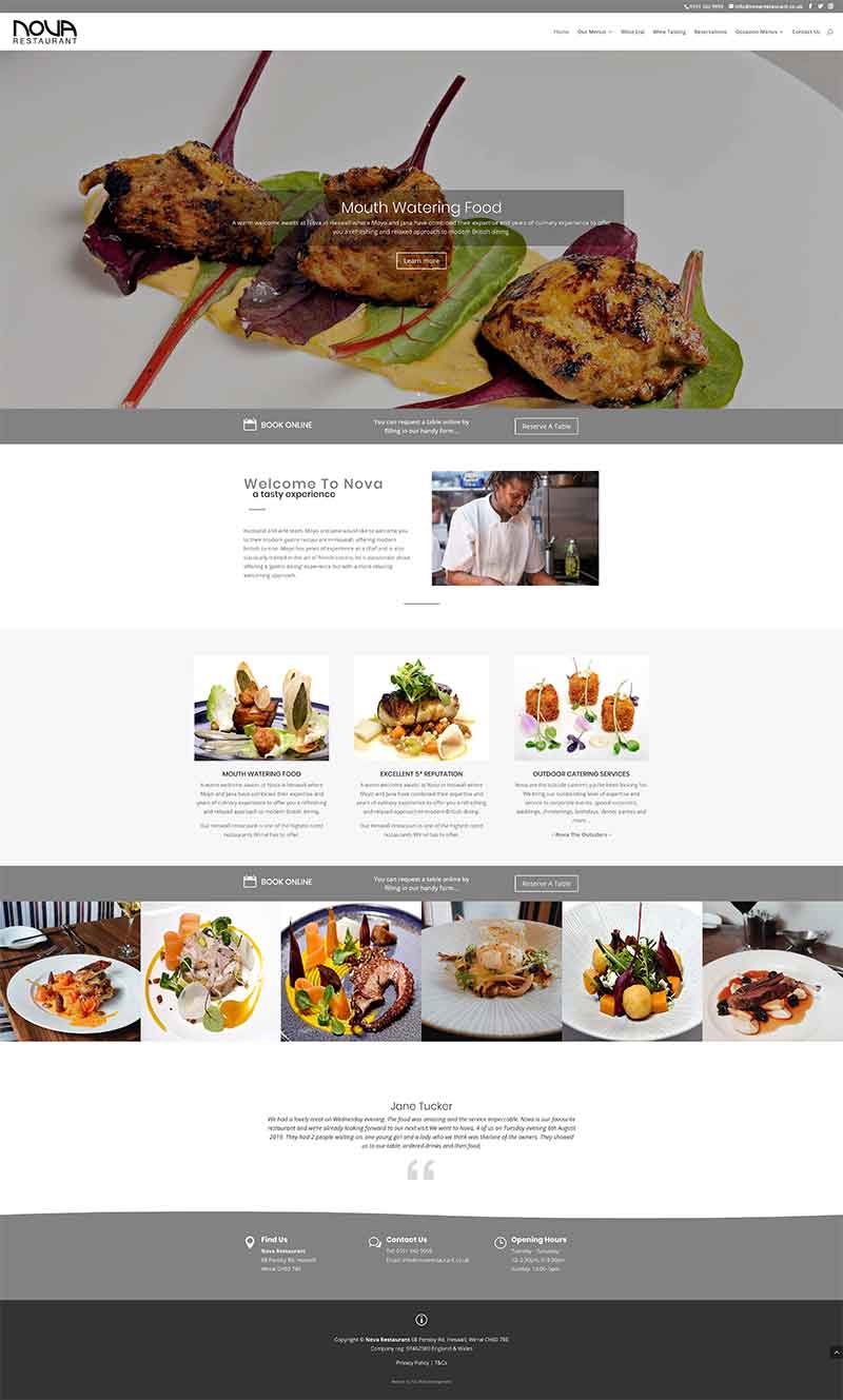 Full page layout of Nova Restaurant Website