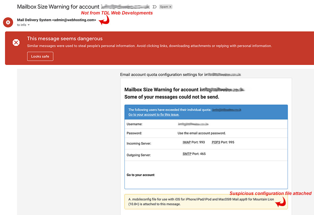 Scam mailbox quota email
