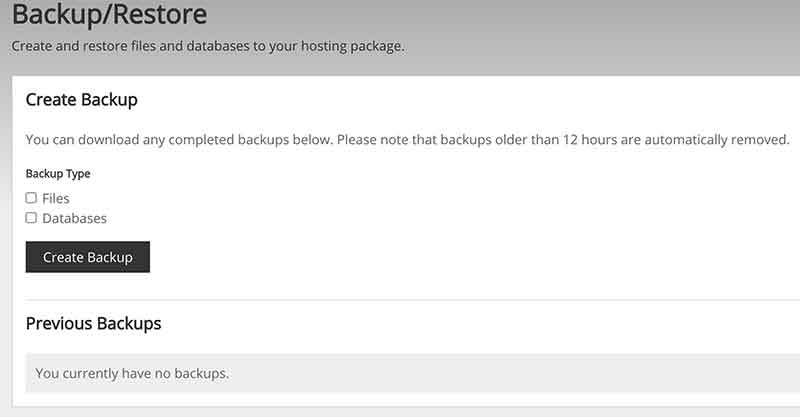 Screenshot of the web hosting Backup/Restore application