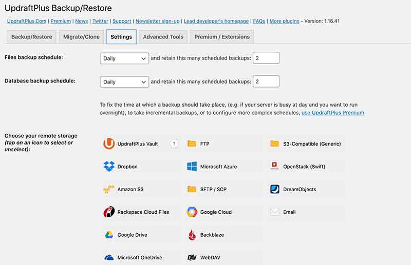 Screenshot of UpdraftPlus Backup/Restore settings tab