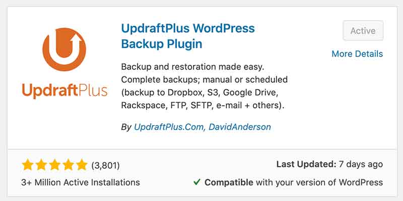 Screenshot of the UpdraftPlus WordPress Backup Plugin
