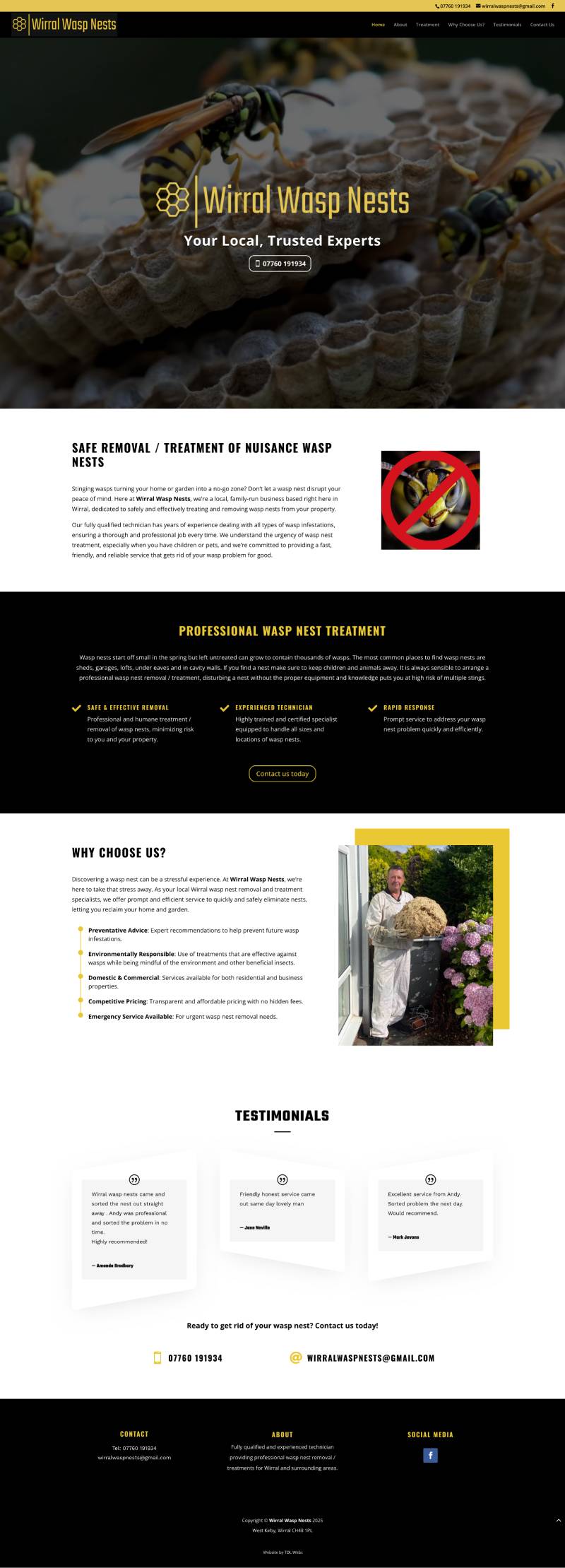 Full page screenshot of the Wirral Wasp Nests removal and treatment page.